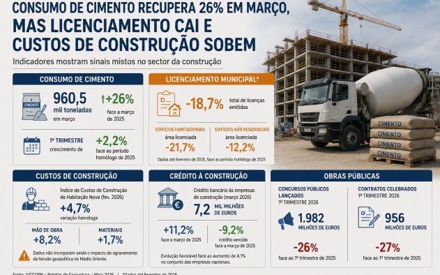 Consumo de cimento recupera 26% em Março, mas licenciamento cai e custos de construção sobem