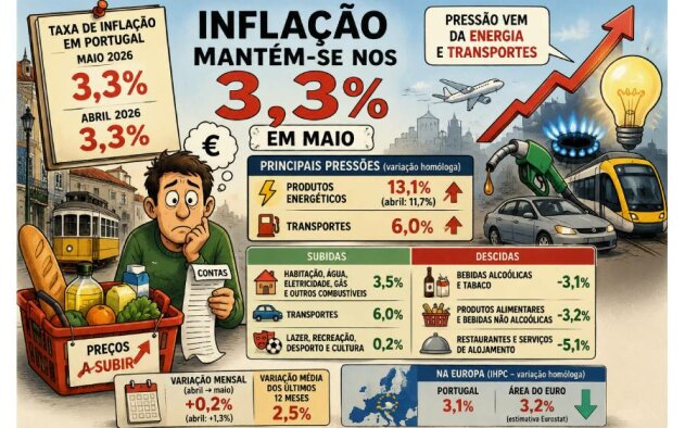 Inflação mantém-se nos 3,3% em Maio, pressionada pela energia e transportes