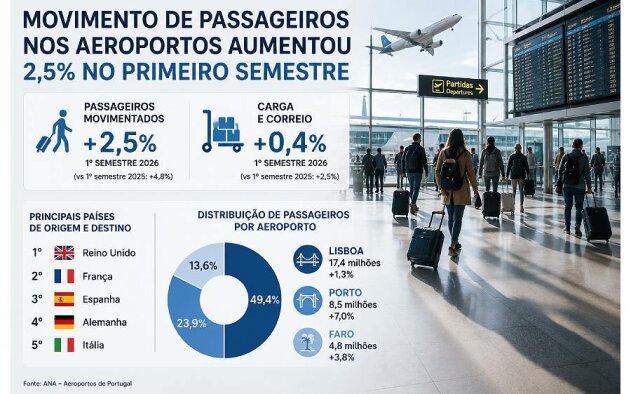 Movimento de passageiros nos aeroportos portugueses cresce 2,5% no 1.º semestre