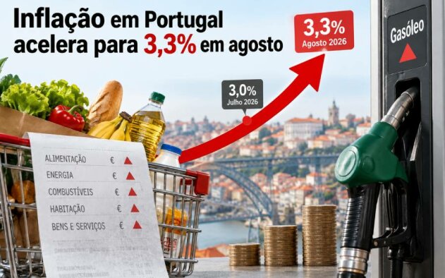 Inflação em Portugal acelera para 3,3% em agosto