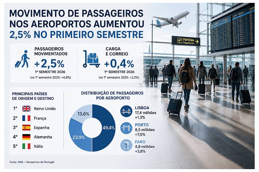 Movimento de passageiros nos aeroportos portugueses cresce 2,5% no 1.º semestre