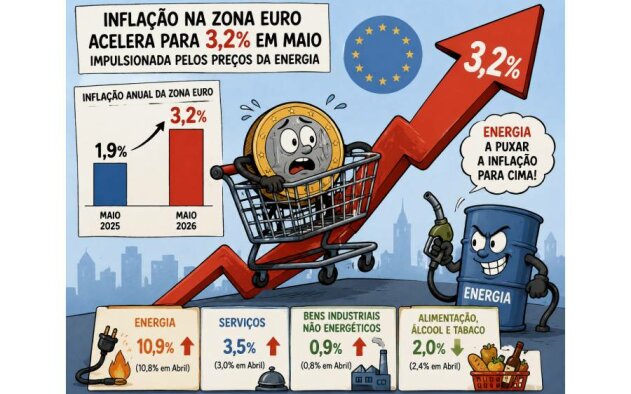 Inflação na zona euro acelera para 3,2% em Maio impulsionada pelos preços da energia