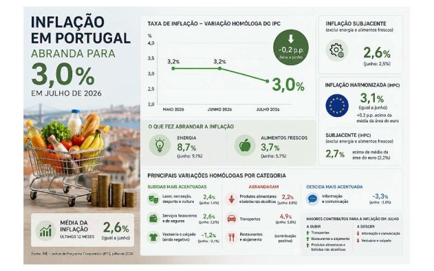 Inflação em Portugal abranda para 3,0% em Julho